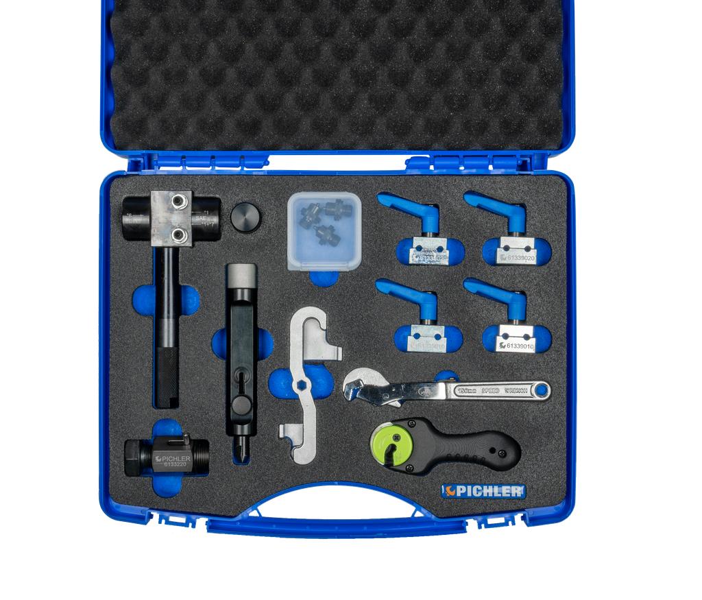 Brake line service set, 14 pcs., incl. flaring tool, bending device, holding clamps and pipe cutter
