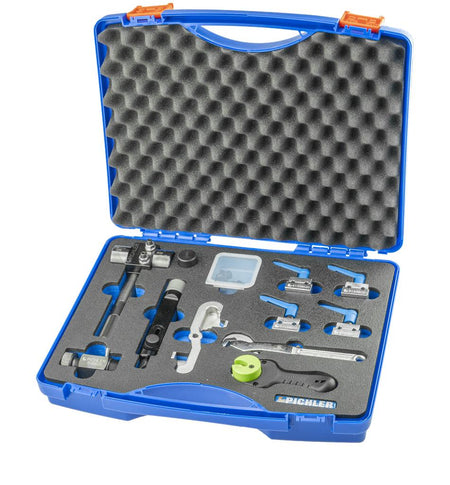 Brake line service set, 14 pcs., incl. flaring tool, bending device, holding clamps and pipe cutter