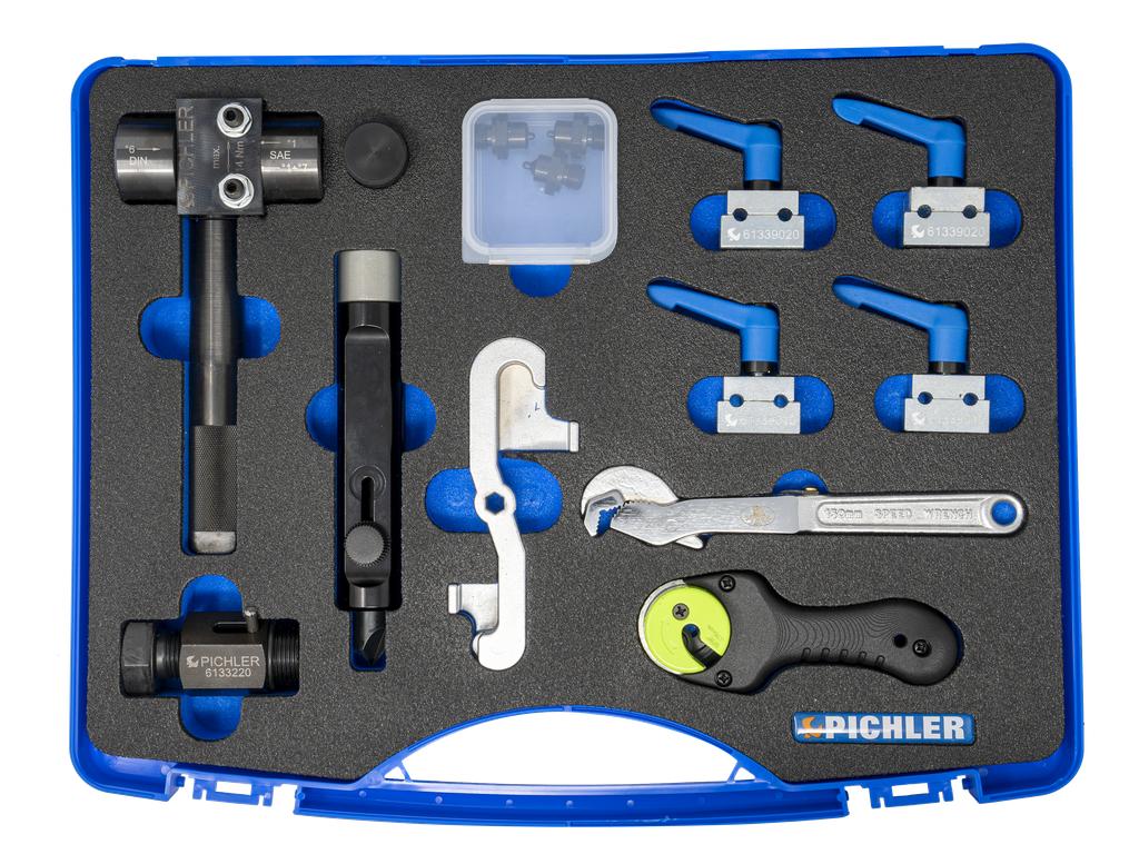 Brake line service set, 14 pcs., incl. flaring tool, bending device, holding clamps and pipe cutter