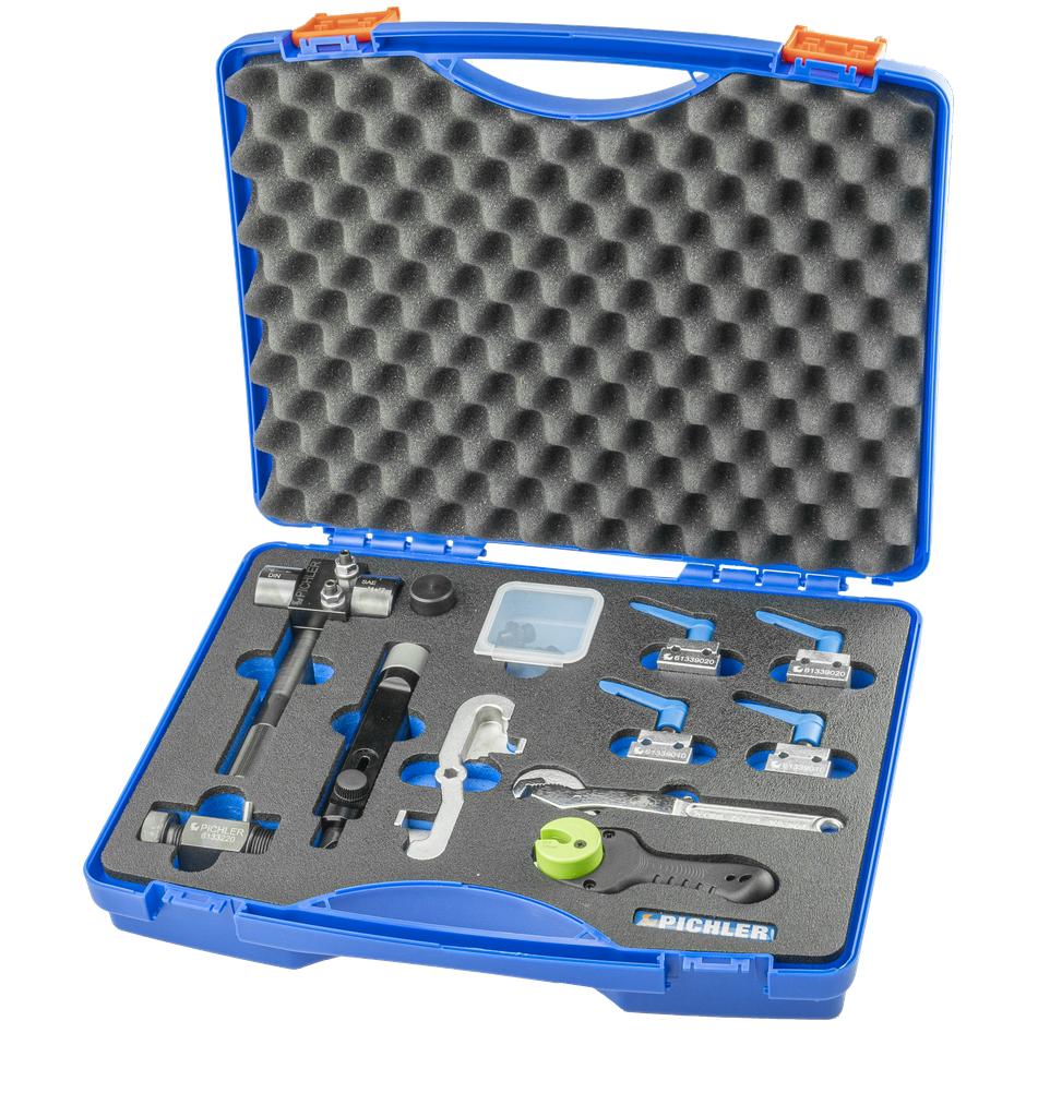Brake line service set, 14 pcs., incl. flaring tool, bending device, holding clamps and pipe cutter