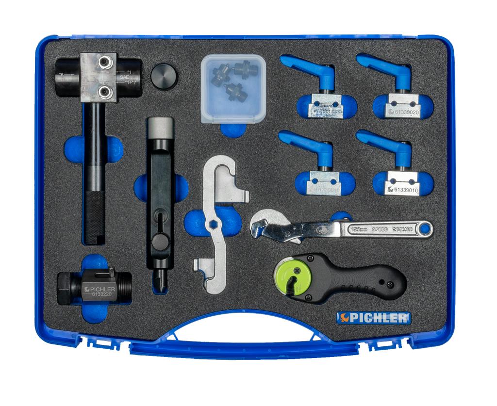 Brake line service set, 14 pcs., incl. flaring tool, bending device, holding clamps and pipe cutter