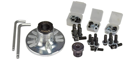 Universal wheel hub remover with hydraulic spindle, adapters, mounting screws & nuts