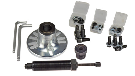 Universal wheel hub remover with hydraulic spindle, adapters, mounting screws & nuts