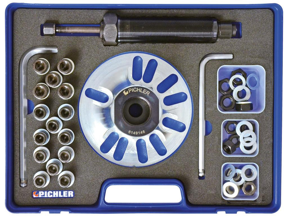 Universal wheel hub remover with hydraulic spindle, adapters, mounting screws & nuts