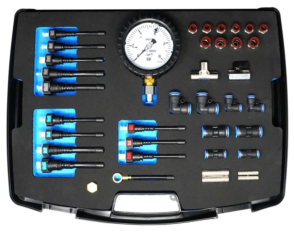 Analog pressure testing device for AdBlue, fuel and cooling systems
