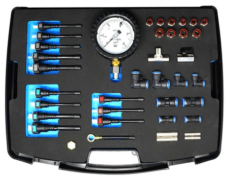 Analog pressure testing device for AdBlue, fuel and cooling systems